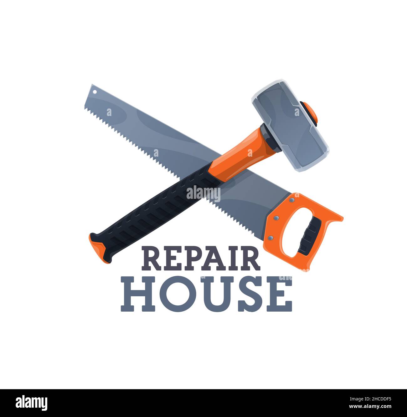 Construction tools shop icon with crossed sledgehammer and hand saw