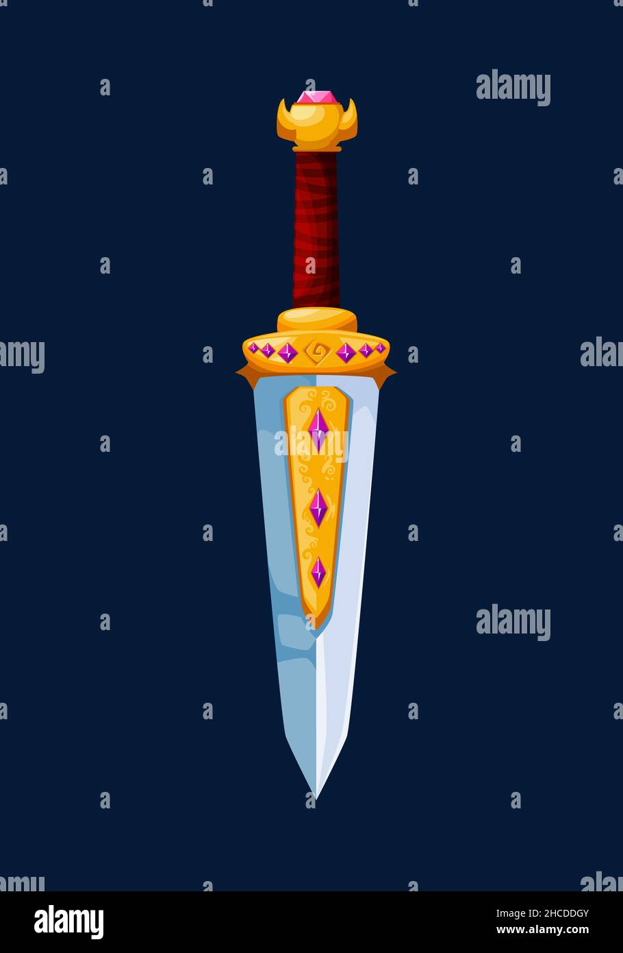 Magical cartoon steel dagger blade, Medieval sword with golden hilt