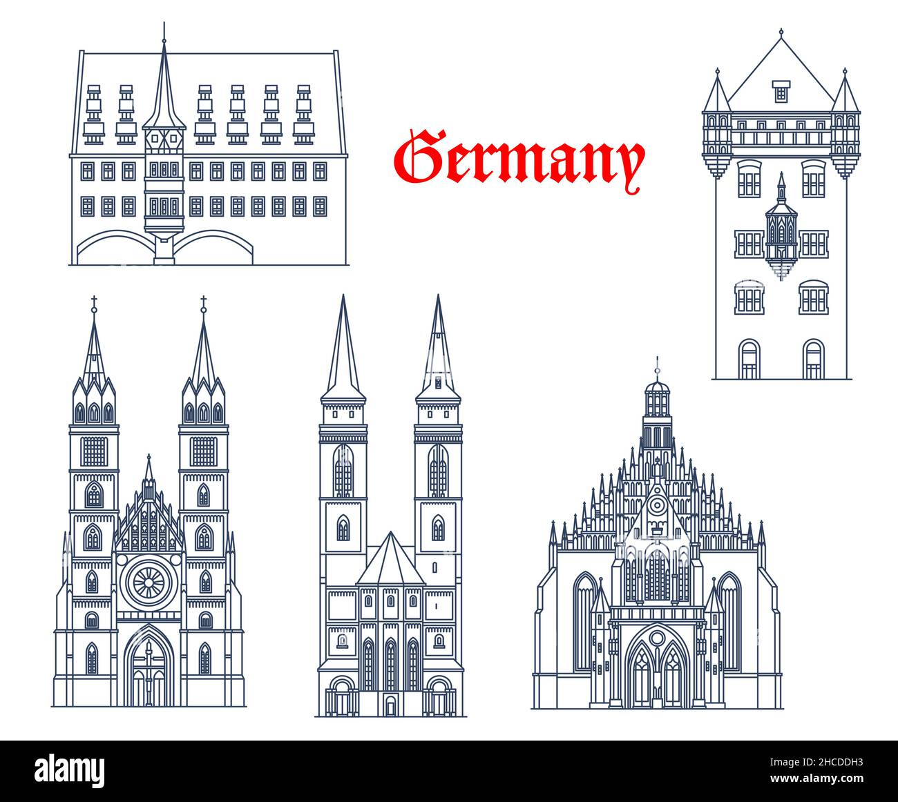 Germany, Nuremberg architecture buildings and travel landmarks, vector churches. St Sebalduskirche or Saint Sebaldus Church, Frauenkirche Church of Ou Stock Vector
