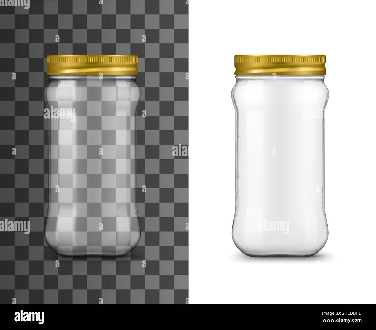 Glass jar, realistic packaging with lid, vector empty isolated on transparent background. Glass jar with screw cap, jam or pickled food glass containe Stock Vector