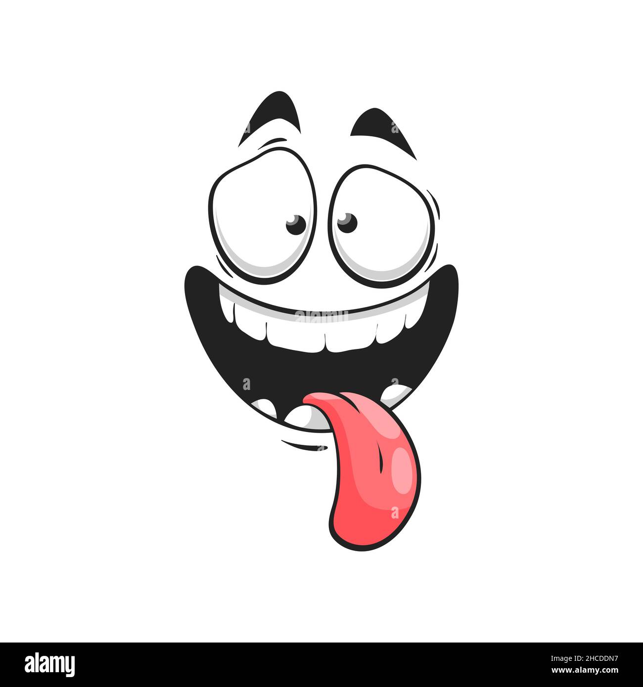 Cartoon stupid face, happy smile vector emoji with open mouth and long sticking tongue. Joyful facial expression with goggle eyes. Funny glad characte Stock Vector