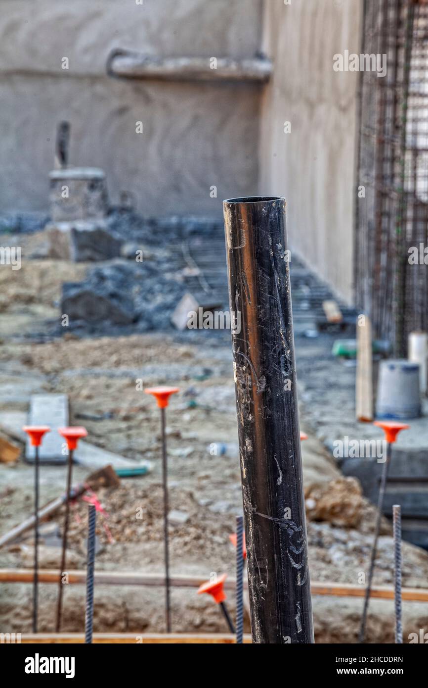 Abandoned oil well is vented with pipe at construction site. Vista Hermosa is a neighborhood near downtown Los Angeles that sits on top of the Los Ang Stock Photo