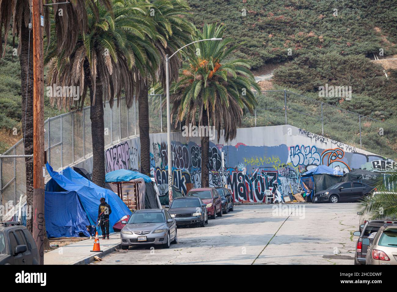 A homeless camp along Emerald Street in the Vista Hermosa neighborhood. Los Angeles, California Stock Photo