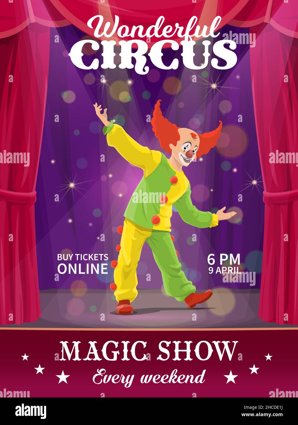 Shapito circus poster, cartoon red hair jester clown. Vector flyer with ...