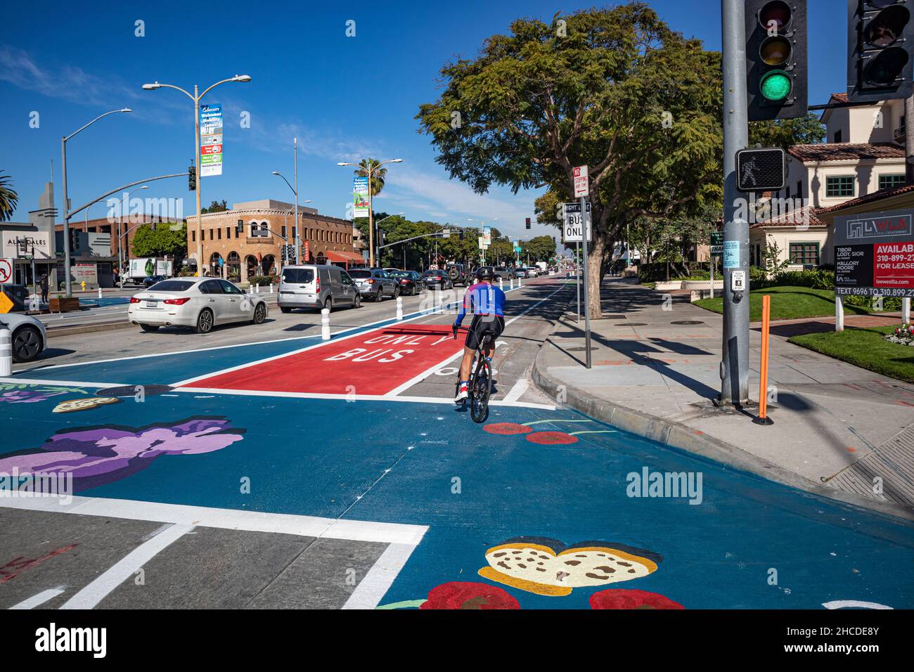 Cyclist in new bike lane. MOVE Culver City is a new initiative that reconfigures pedestrian