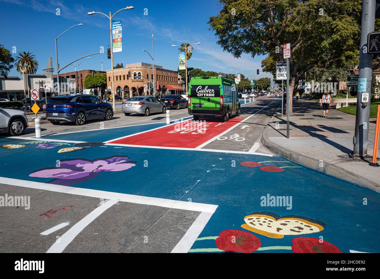 MOVE Culver City is a new initiative that reconfigures pedestrian, traffic, bus, and bicycle lanes in downtown Culver City to reduce congestion and em Stock Photo