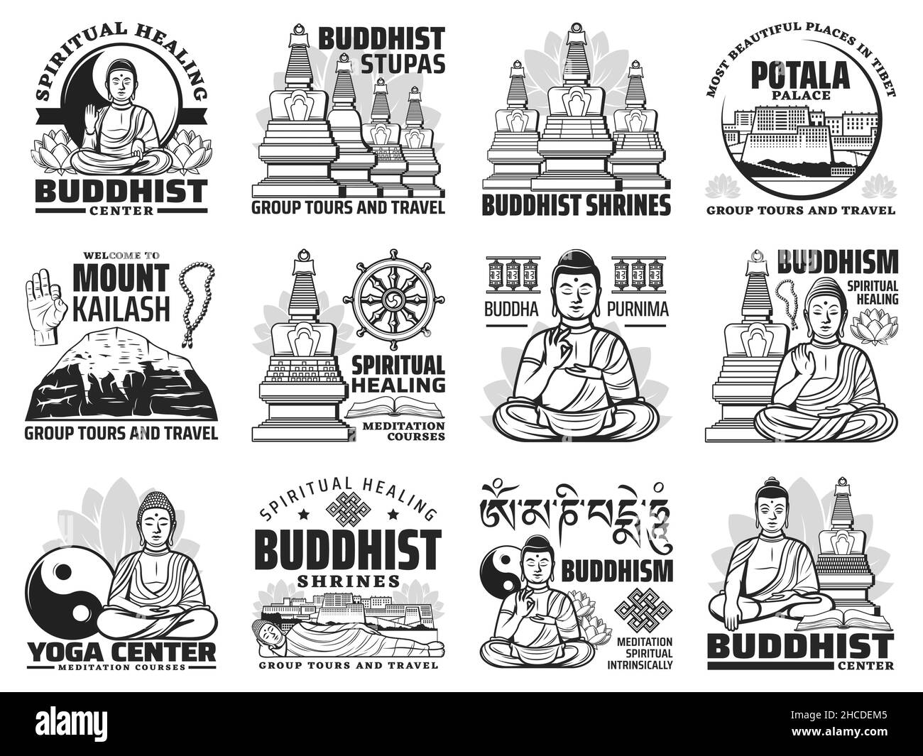 Buddhism shines tours, meditation and yoga center icons. Buddhism temple stupa, Potala Palace and mediating Buddha statue, lotus flower, Mount Kailash Stock Vector