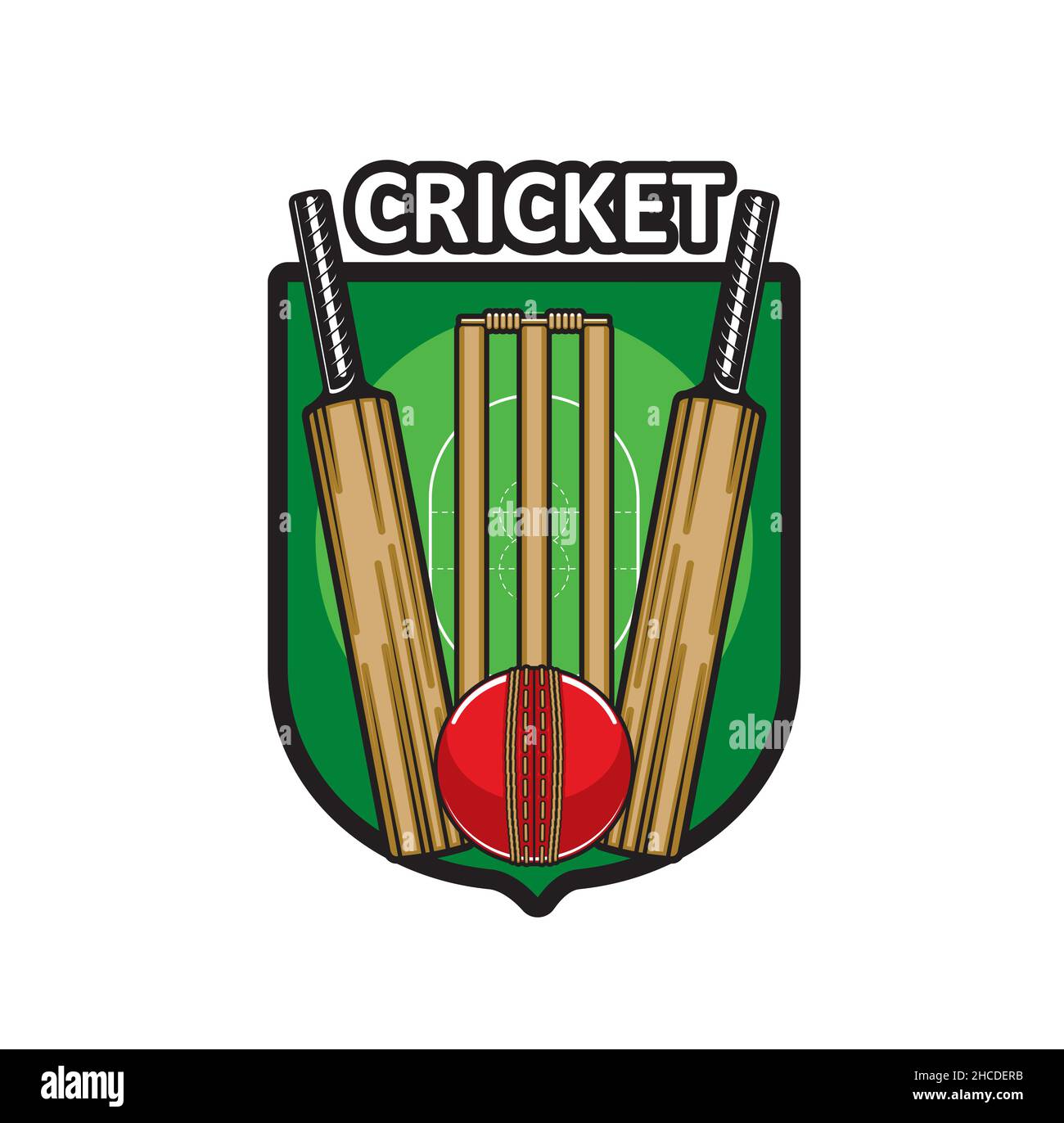 Cricket game icon with sport items. Cricket bats, ball and wood wicket, stumps and bails with green play field on heraldic vector shield, sport club o Stock Vector