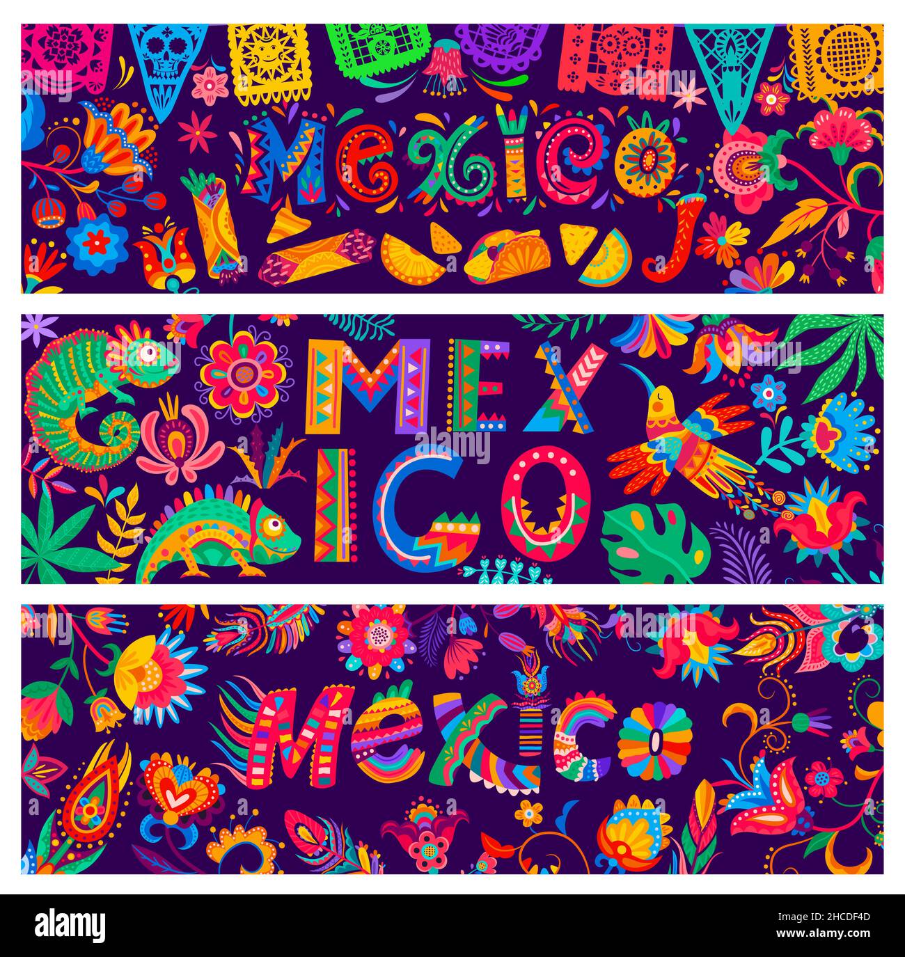 Mexican banners with food, chameleons and flowers, birds, feathers, papel picado flags and chilli peppers, decorated with bright ethnic ornament. Nati Stock Vector