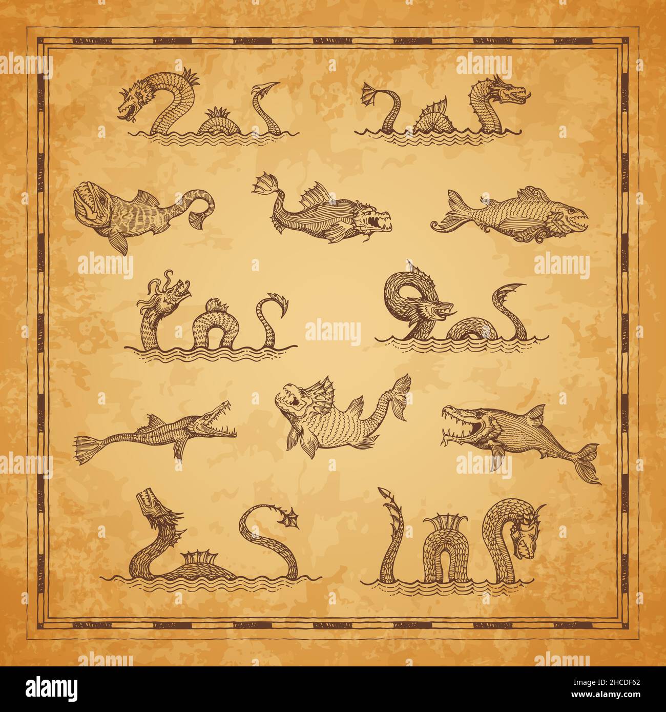 Vintage map elements. Serpent, dragon, leviathan sketch. Ocean Vintage map elements. Serpent, dragon, leviathan sketch. Ocean