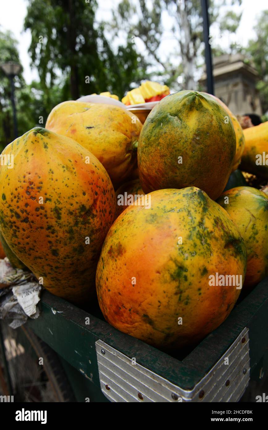 A fresh fruit vendor selling fruit snacks in Bangalore, India Stock