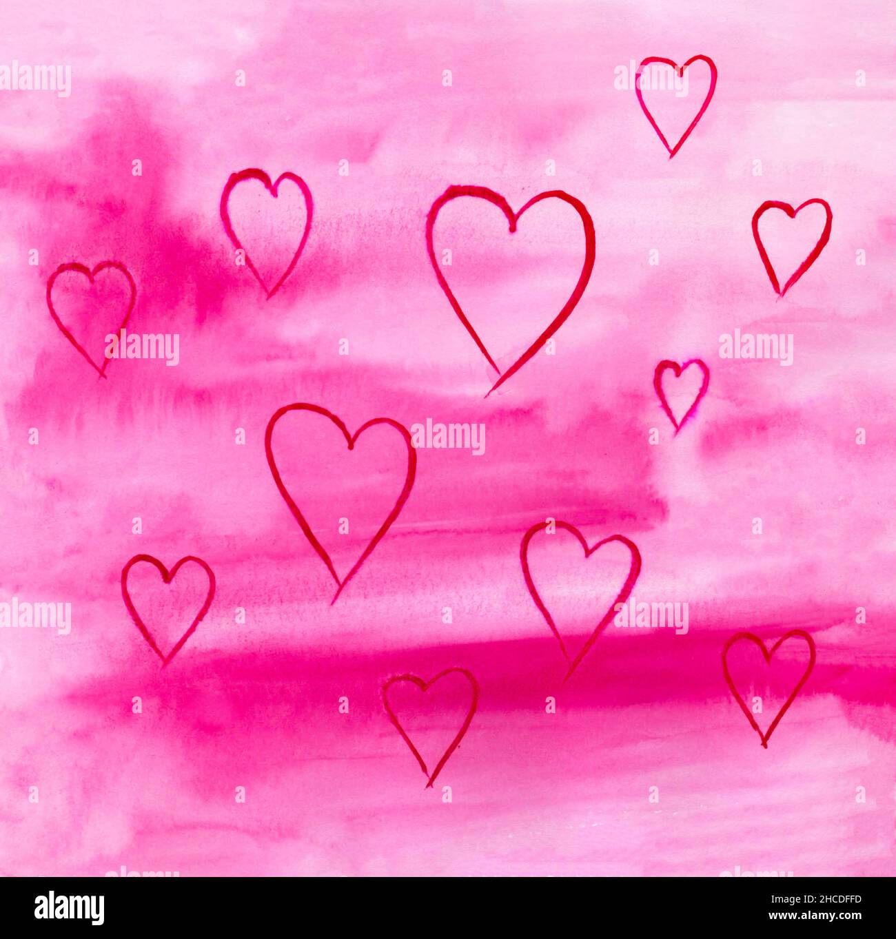 Watercolor pink gradient background with hearts Stock Photo