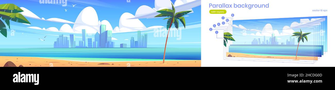 Tropical landscape with sea, sand beach and city on horizon. Vector parallax background for 2d animation with cartoon illustration of summer seascape with palm trees and town buildings on skyline Stock Vector