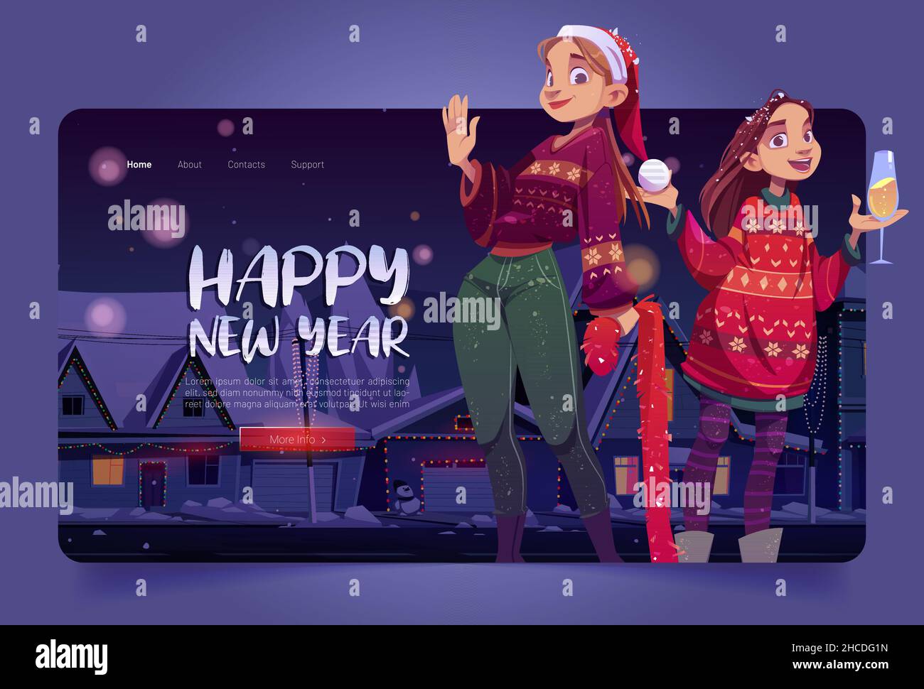 Happy New year cartoon landing page. Cheerful women wear knit sweaters and Santa Claus hat drink champagne on night winter street, Merry Christmas greetings, party celebration, Vector web banner Stock Vector