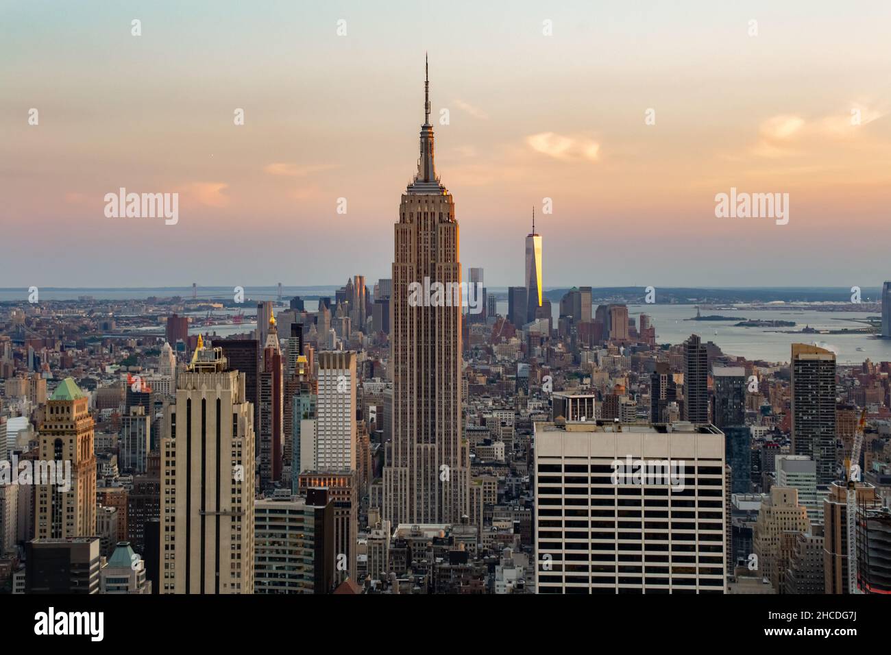 Aerial view of new york at sunset with its most iconic buildings. Stock Photo