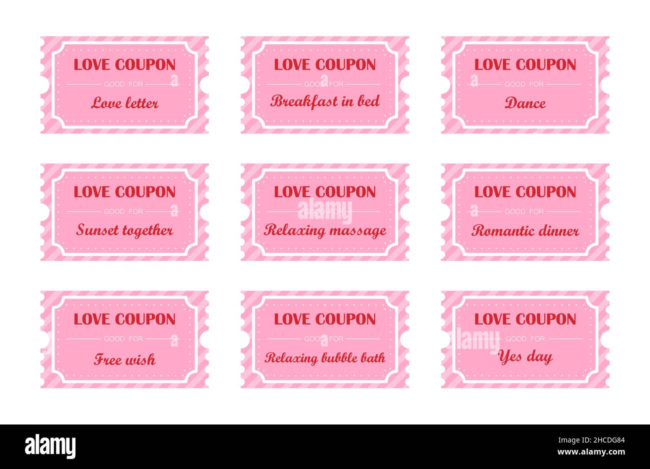 Coupon book for Valentines day. Love night tickets. Best gift for boyfriend. Present for couples. Vector cards templates in cartoon style Stock Vector