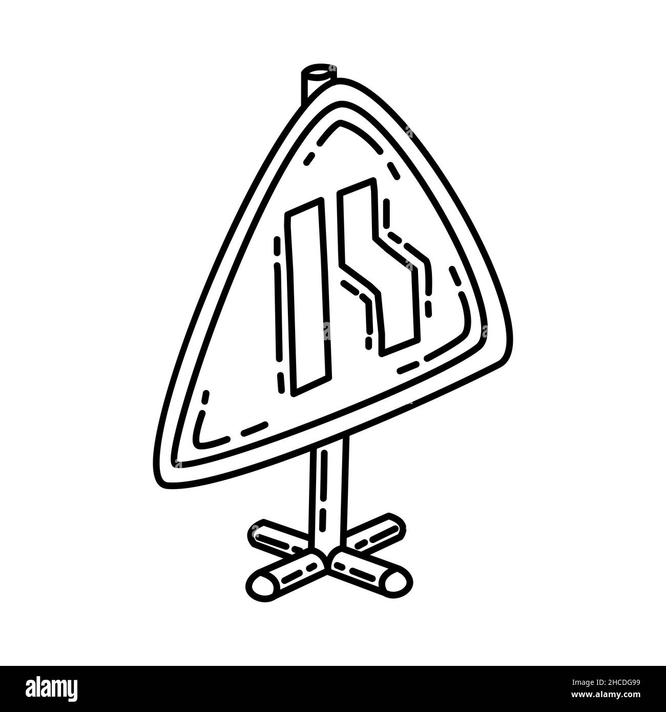 Road Narrows to The Left Part of Warning Road Signs Hand Drawn Icon Set Vector. Stock Vector