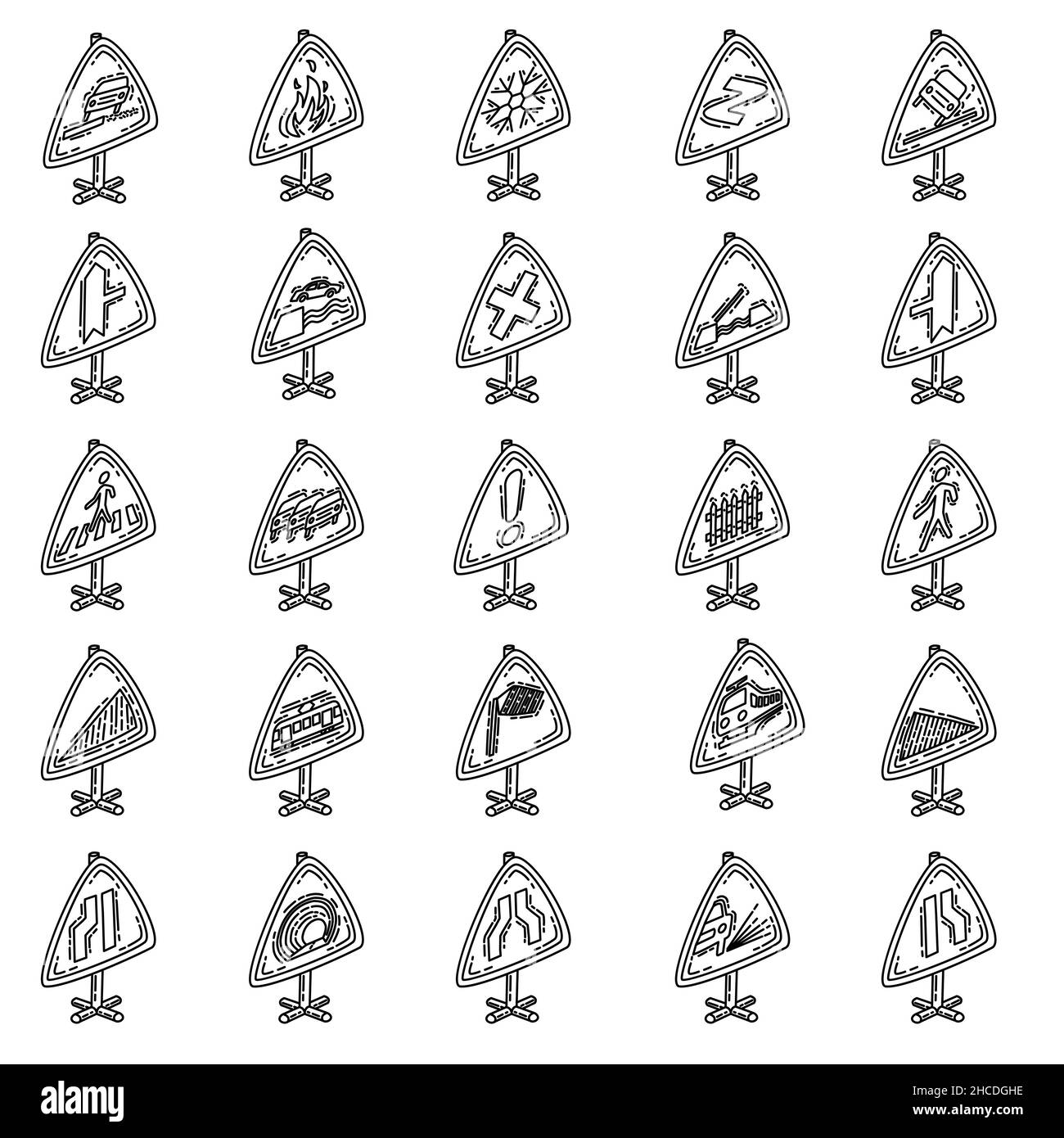 Warning Signs in the Road Hand Drawn Icon Set Vector. Stock Vector