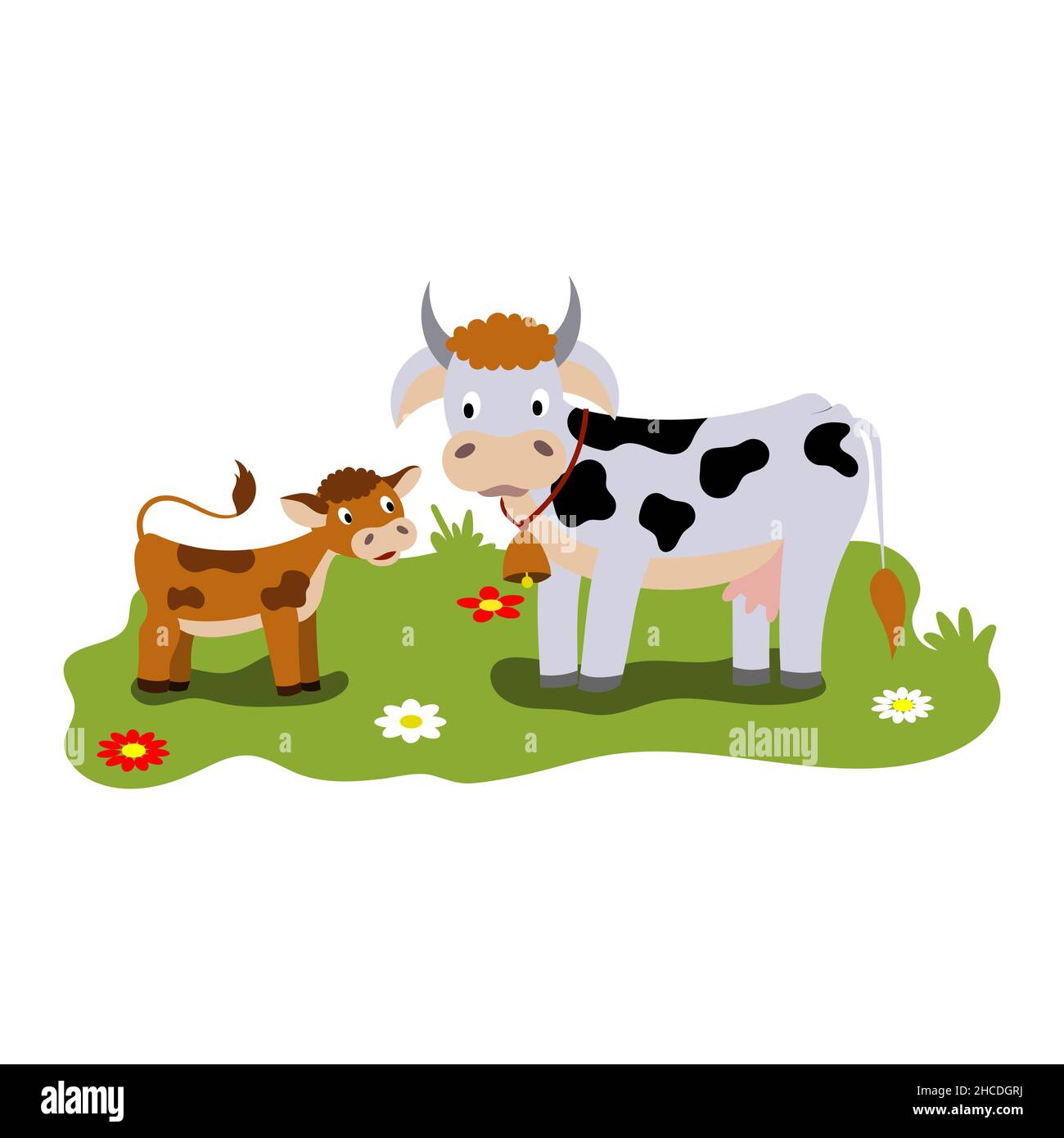Cute cartoon illustration of mom and kids, farm animal cow and calf. Vector isolated on a white background Stock Vector