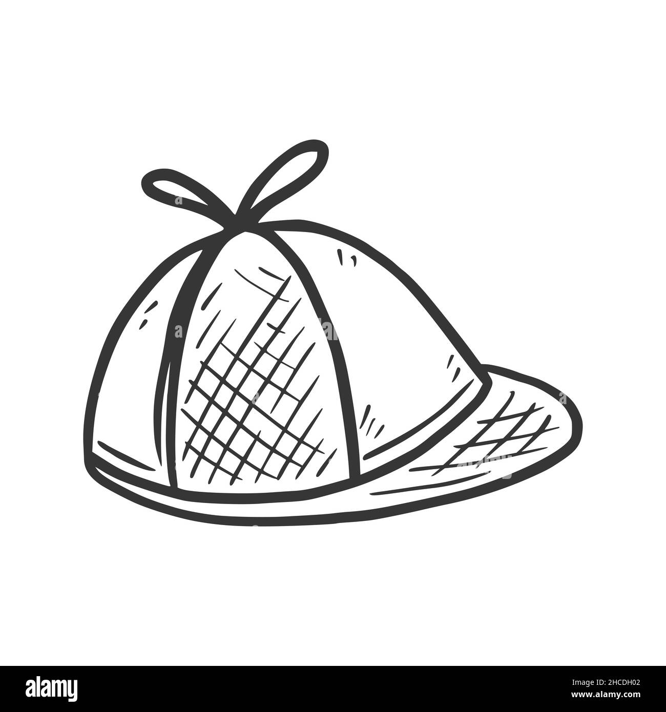 Detective hat icon. Hand drawn doodle sketch style. Drawing line simple deerstalker, Sherlock hat. Isolated vector illustration. Stock Vector