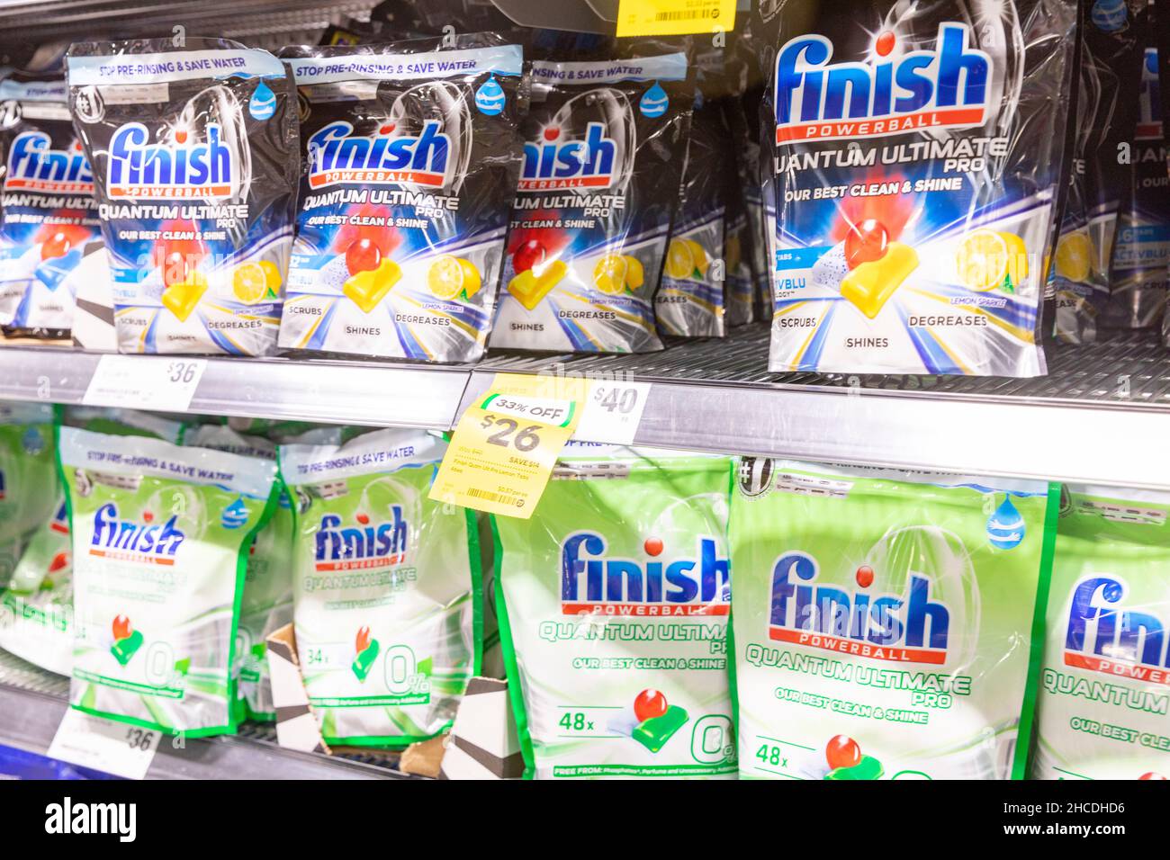 Finish powerball dishwashing tablets for cleaning kitchen dishes in the dishwasher Stock Photo