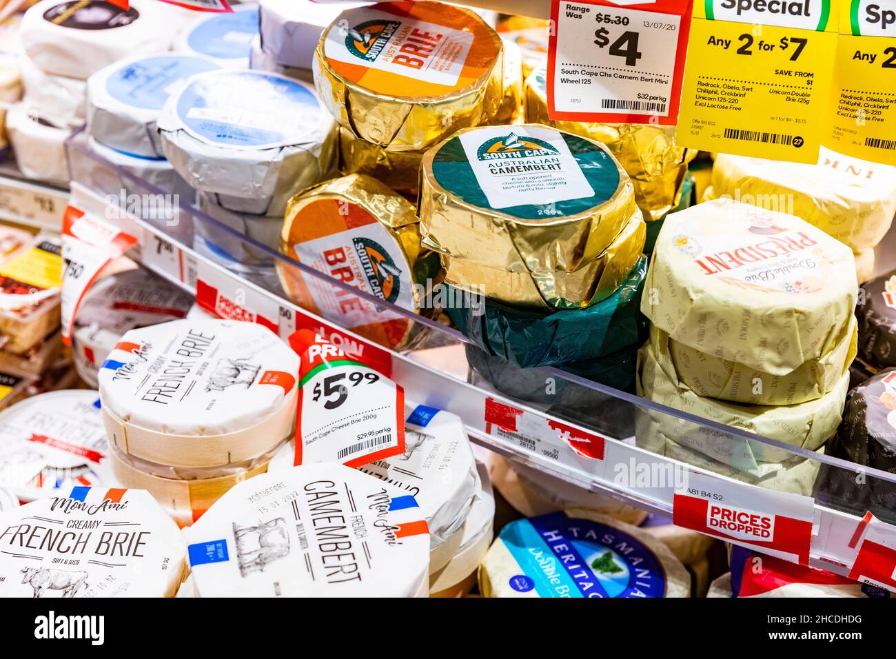 Brie and camembert cheeses by Mon Ami, President, South cape, on display in an Australian supermarket in Sydney, chilled section Stock Photo