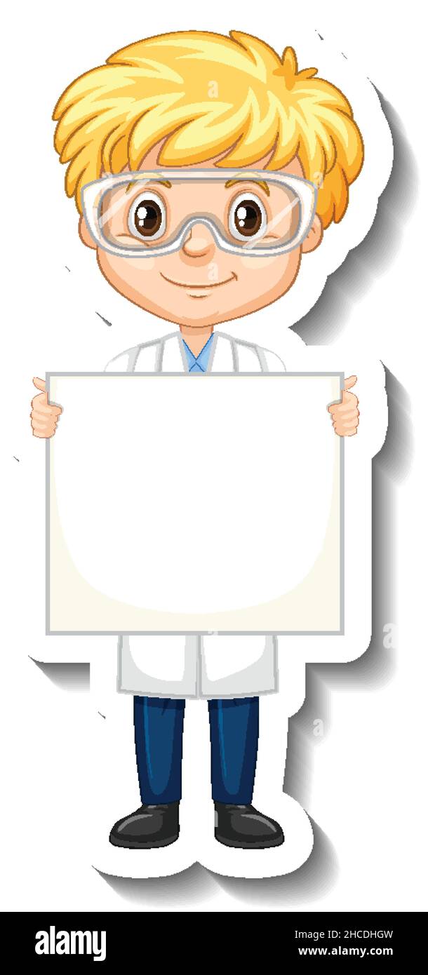 Scientist boy holding empty board in sticker style illustration Stock ...