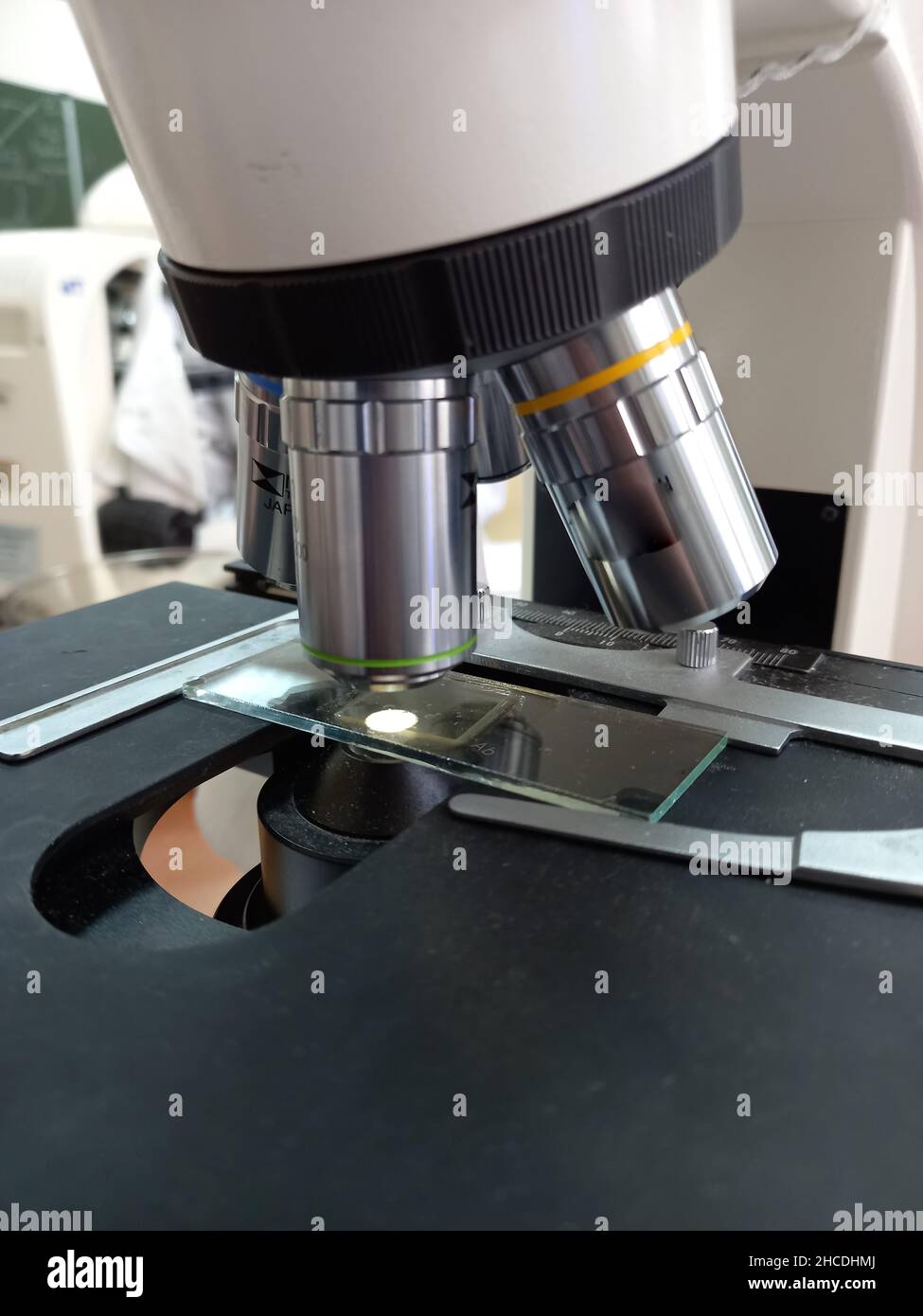 Photo of light microscope objectives of different magnifications Stock