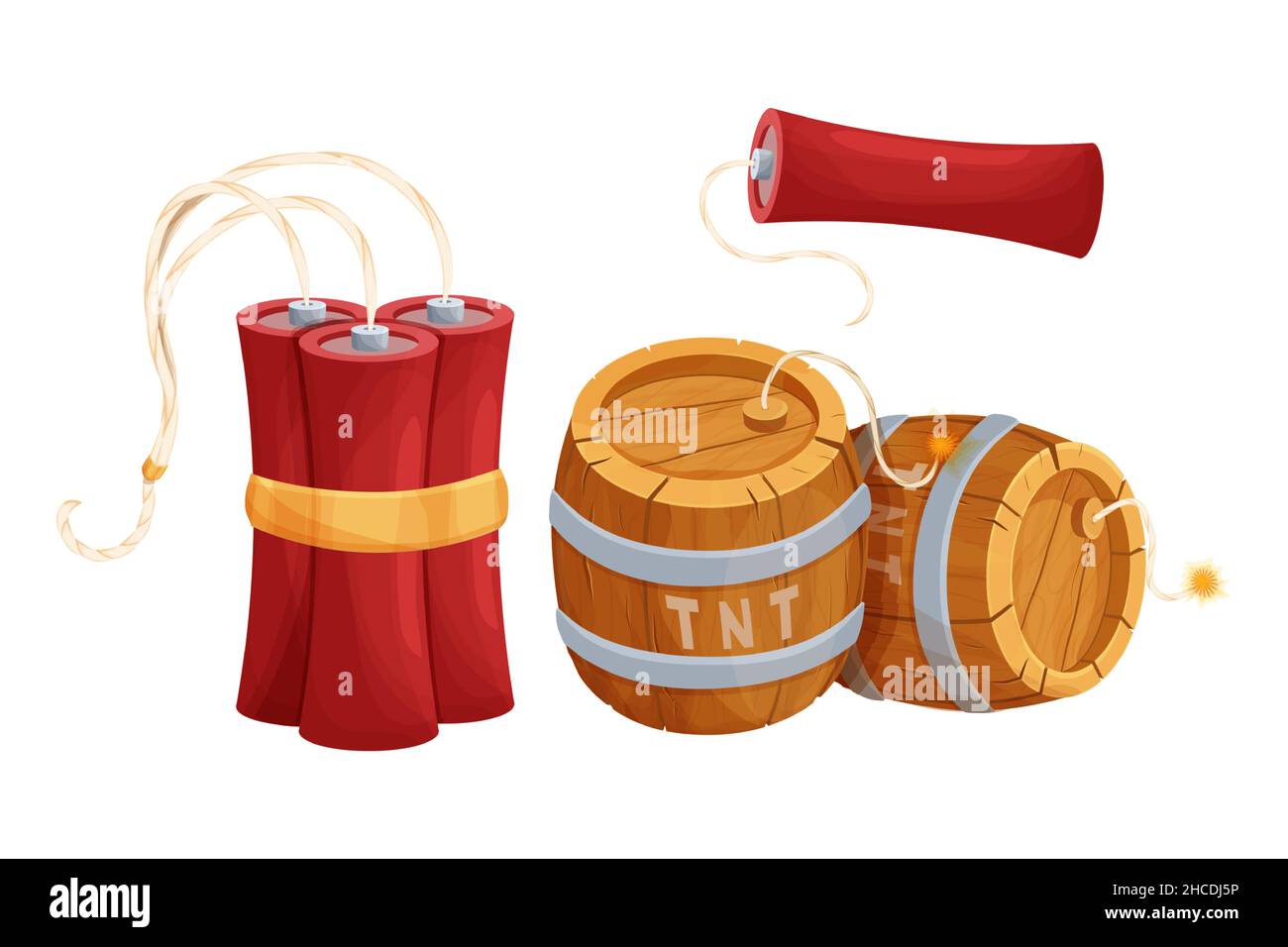 Set TNT wooden barrel with detonator, red dynamite stick in comic cartoon style isolated on white background. Explosive weapon, bomb. Ui game asset. . Vector illustration Stock Vector