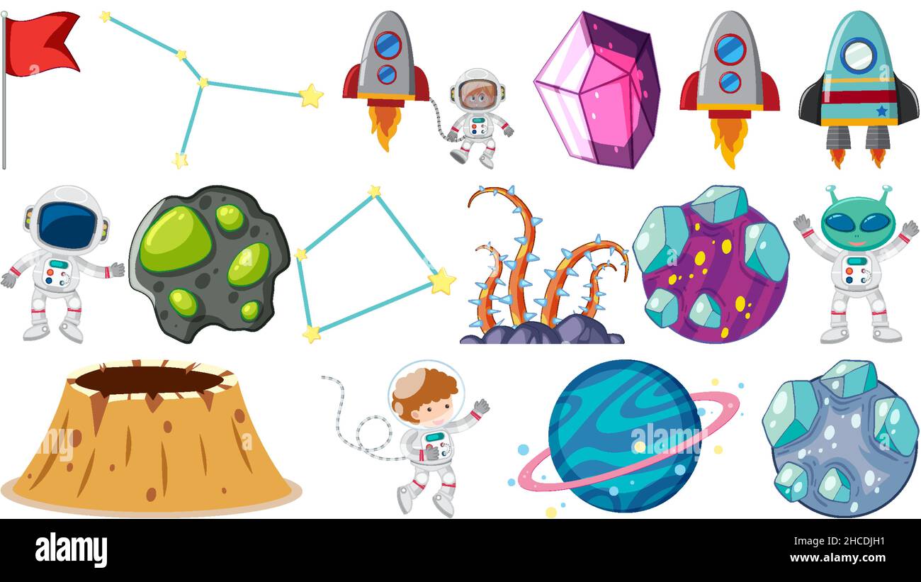 Set of isolated fantasy space game objects and elements illustration ...