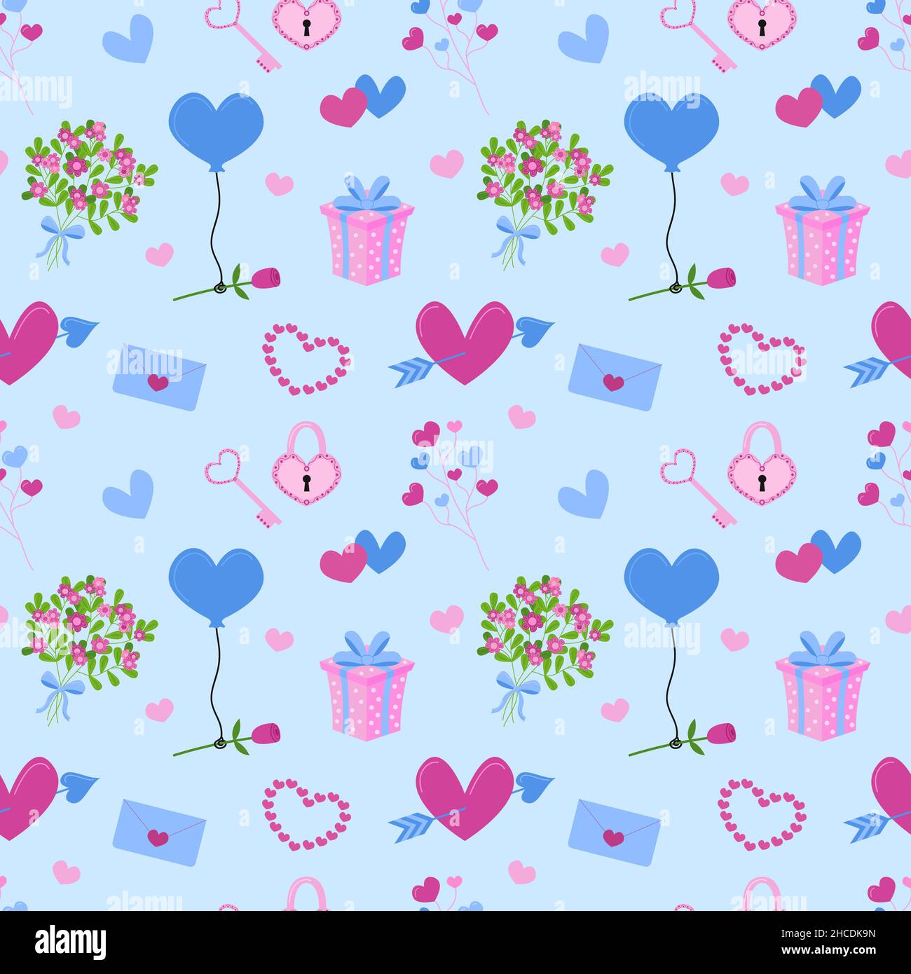 Vector Flat Love Seamless Pattern With Hearts And Flowers. Cute