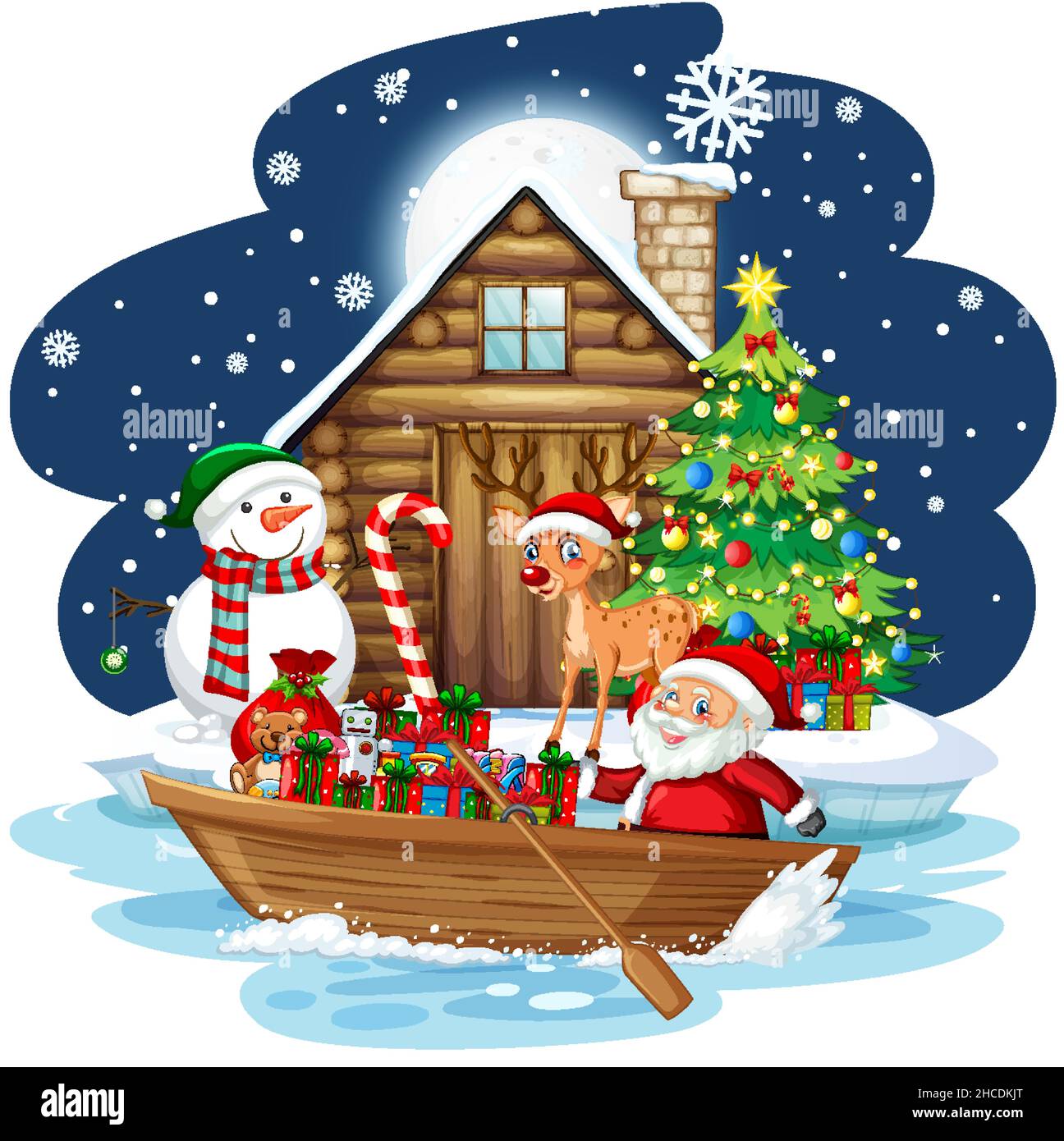 Snowy night with Santa Claus delivering gifts by a boat illustration ...