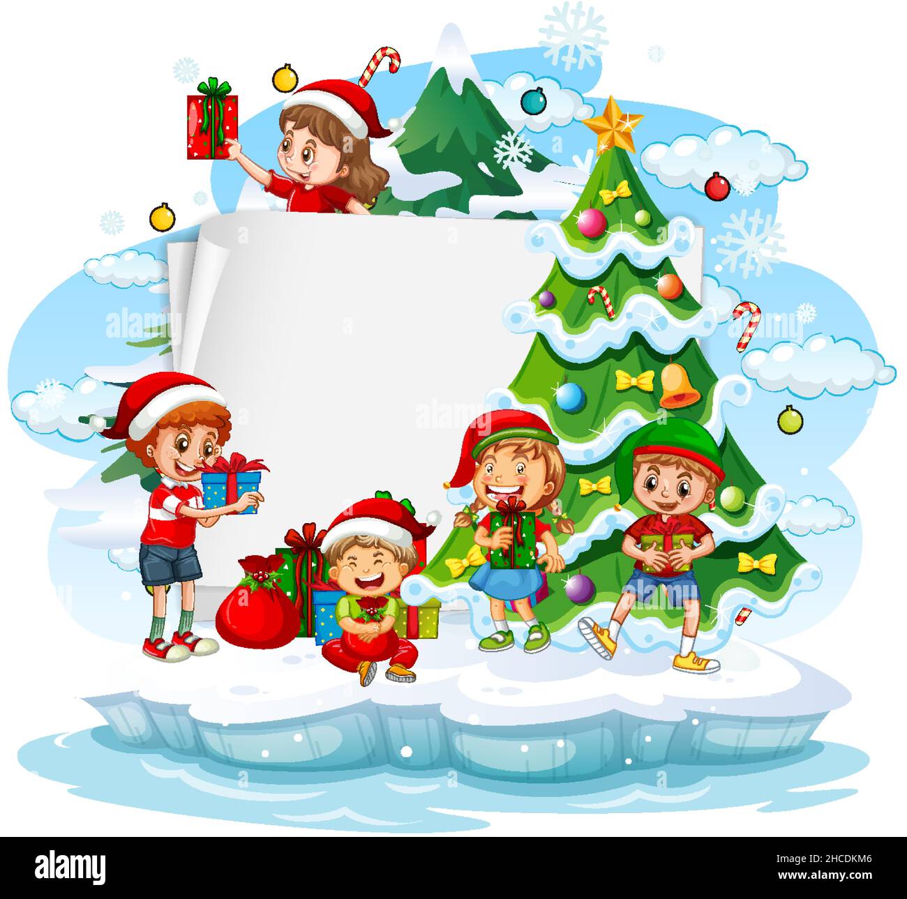 Empty banner with children in Christmas theme illustration Stock Vector