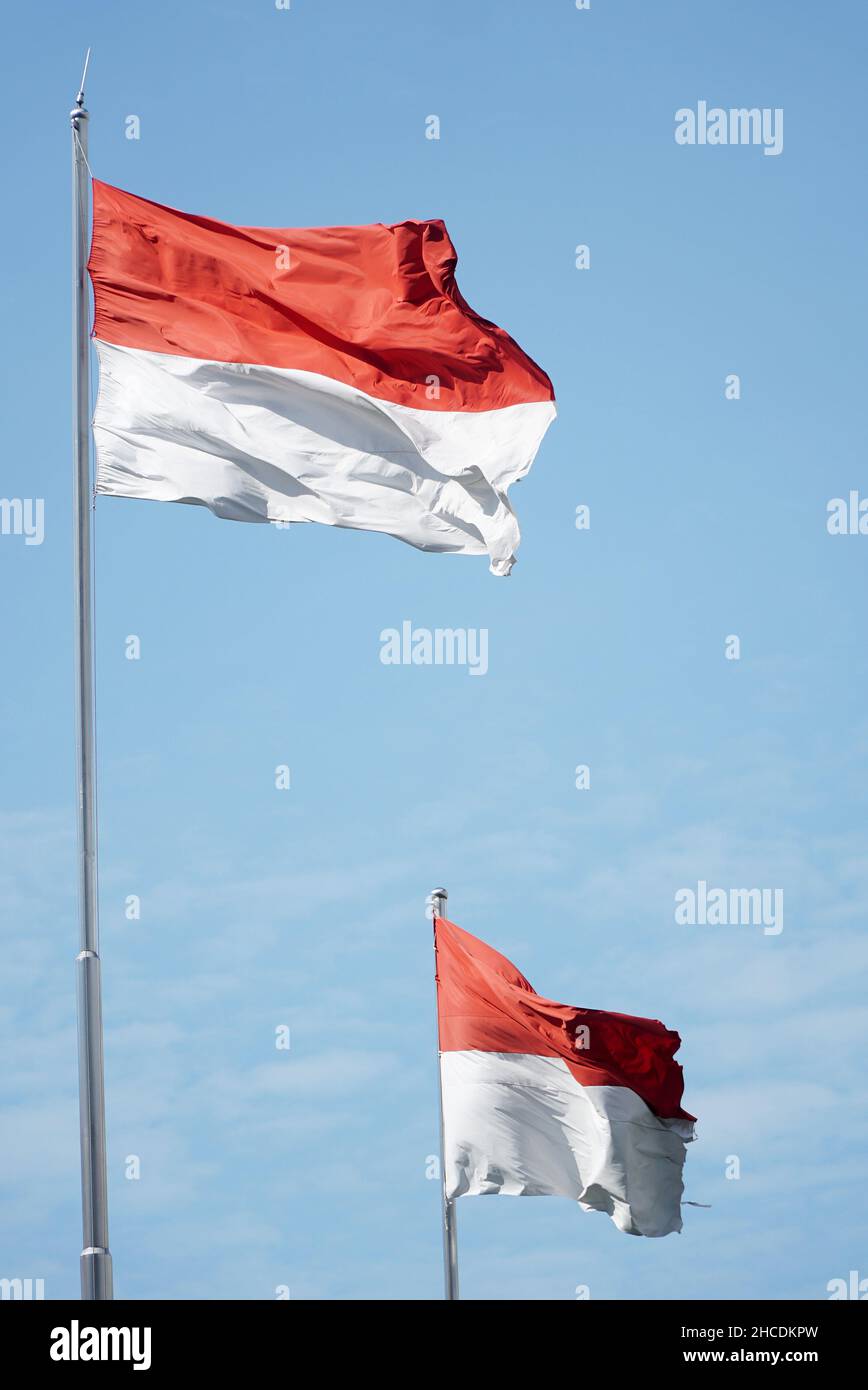 Indonesian National Flag, red and white color, flag flying in the sky ...