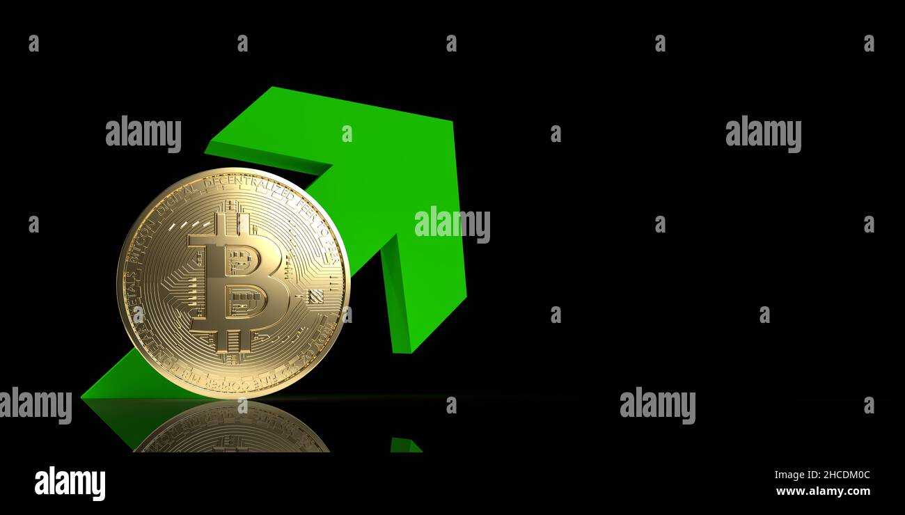 3D rendered cryptocurrency concept: Golden BTC bitcoin rising in  international stock markets. Financial banking in blockchain. Green arrow going  up Stock Photo - Alamy