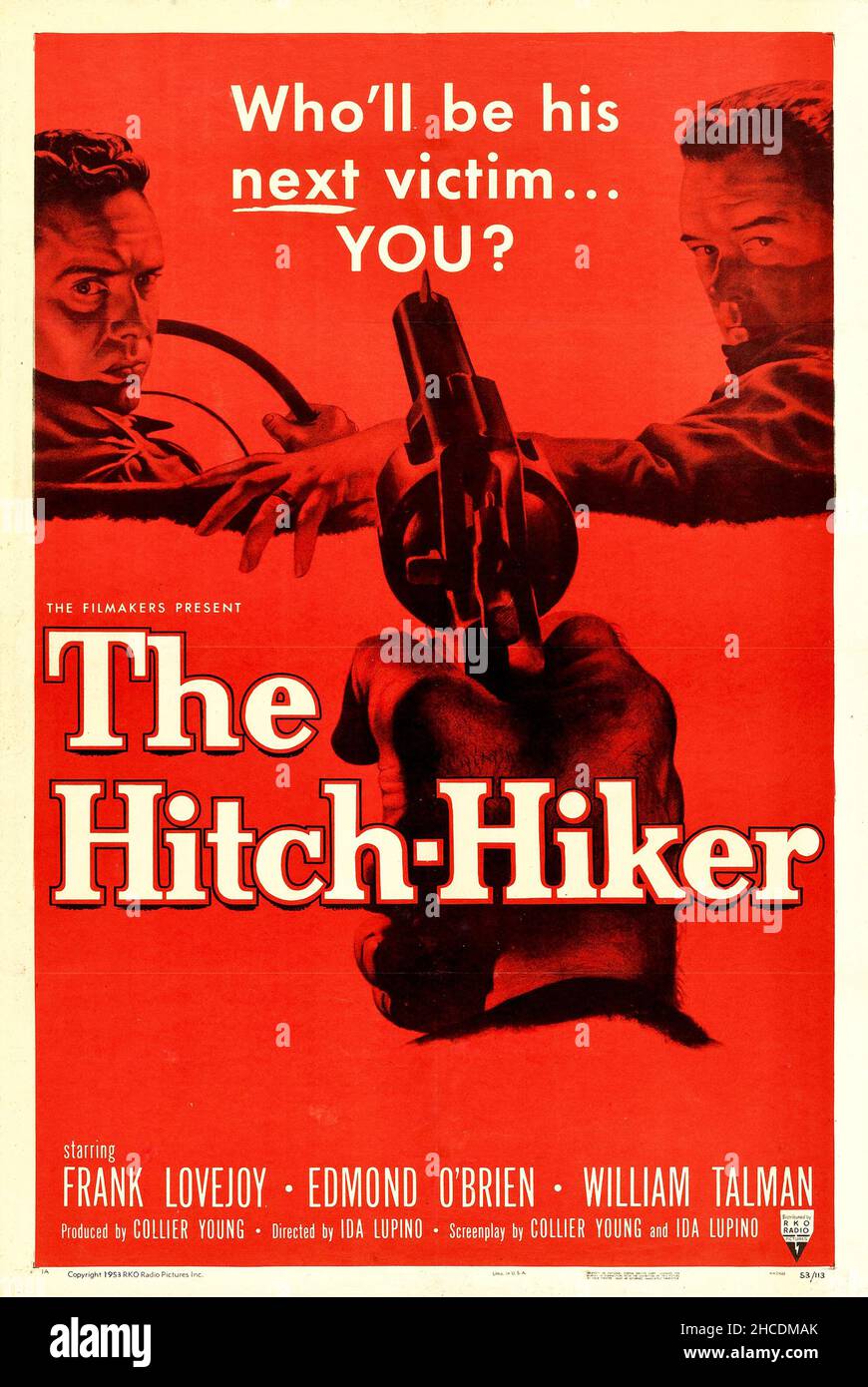 Poster for The Hitch-Hiker which was the first American mainstream film noir directed by a woman - Ida Lupino. Stock Photo