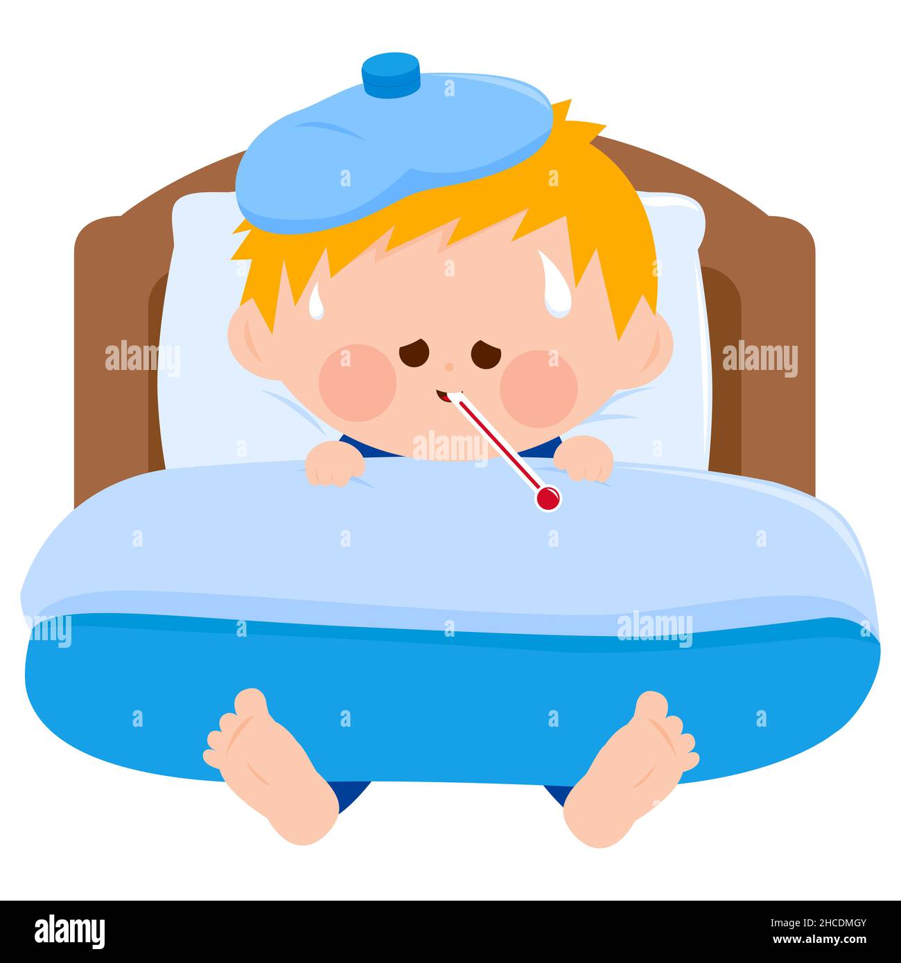 A sick child in bed, using a thermometer and a cool compress. Stock Photo