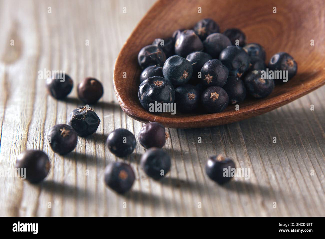 juniper berries on a rustic wooden background Stock Photo