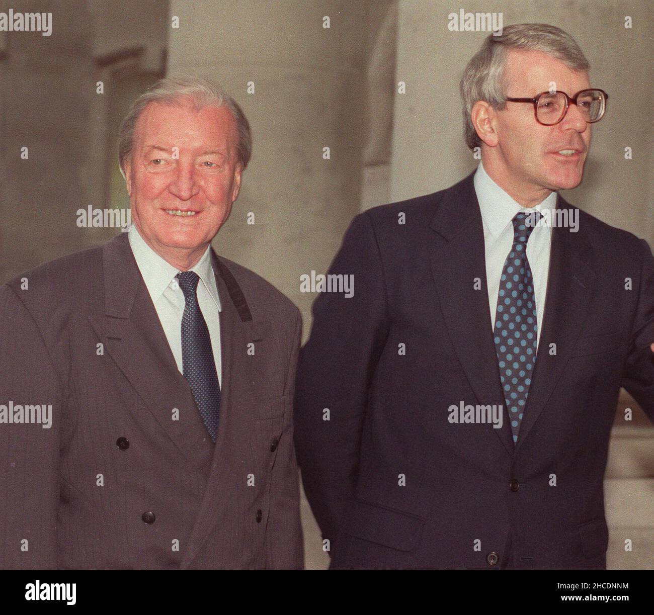 File photo dated 04/12/91 of the then Irish Prime Minister Charles Haughey (left) with the then British Prime Minister John Major during a visit to Dublin for talks. Mr Haughey told Mr Major at a meeting in 1991 that he should not 'attribute too much sophistication to the unionists' amid ongoing efforts to bring The Troubles to a close, according to newly released documents from the National Archives. Issue date: Tuesday December 28, 2021. Stock Photo