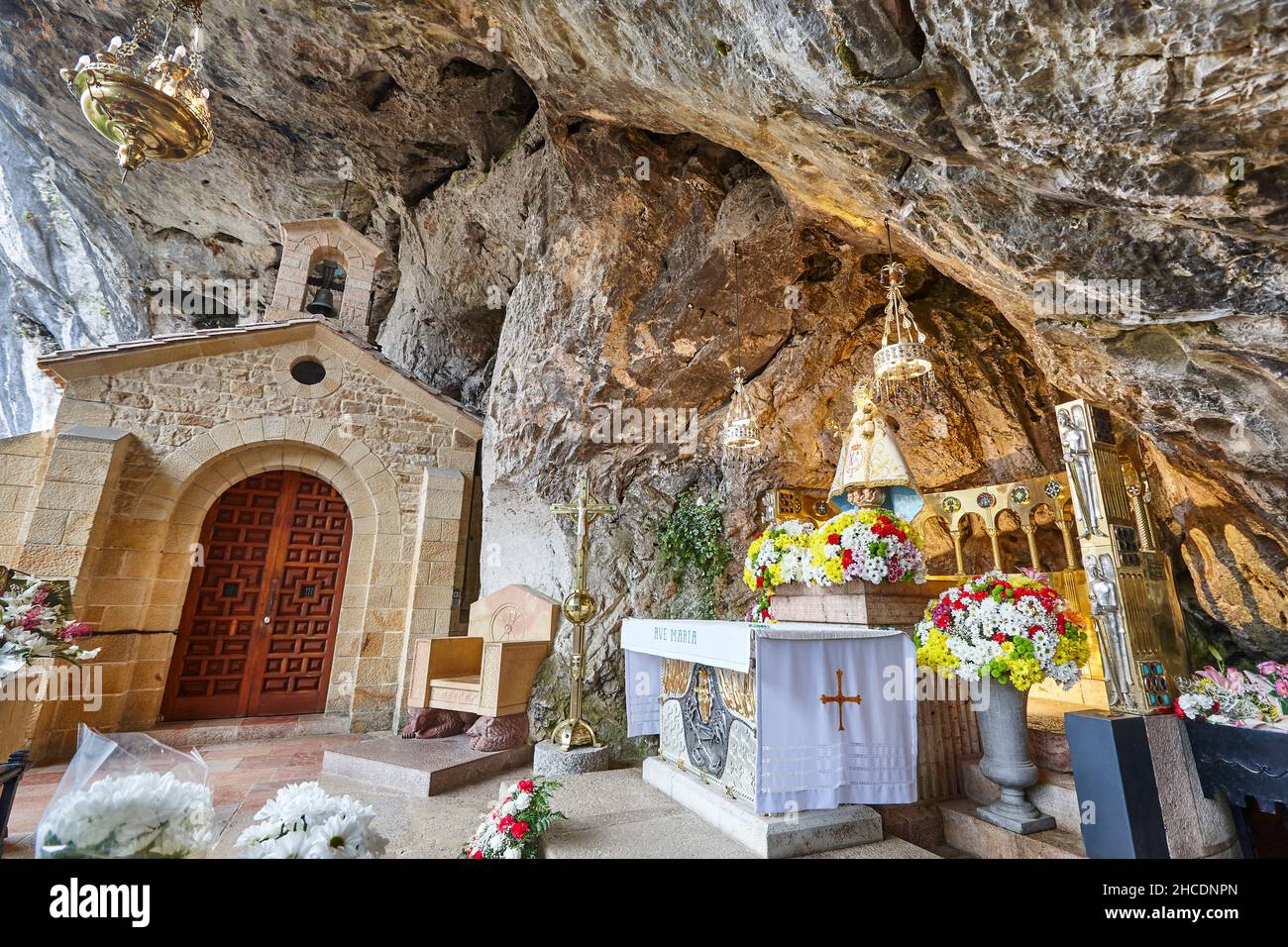 Virgin of Covadonga cave sanctuary. Asturias landmark. Picos Europa ...