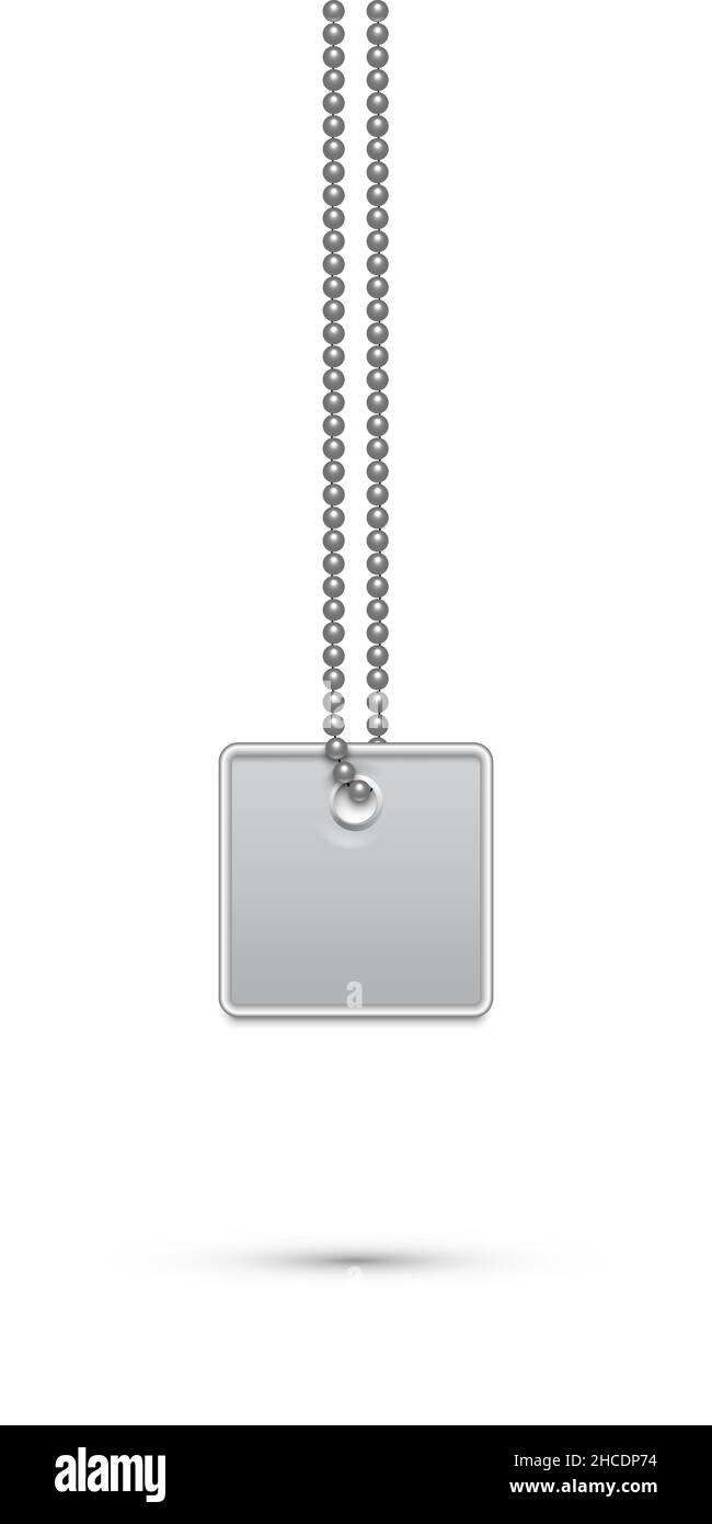 Empty square silver military or dogs badge hanging on steel chain. Vector army object isolated on white background. Pendant with blank space for ident Stock Vector