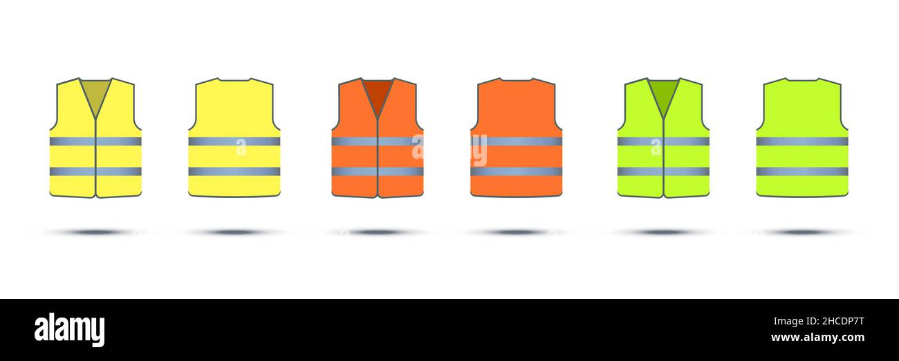 Yellow, orange and green safety vests with reflective strips isolated on white background. Vector work uniform, front and back view teplates set Stock Vector