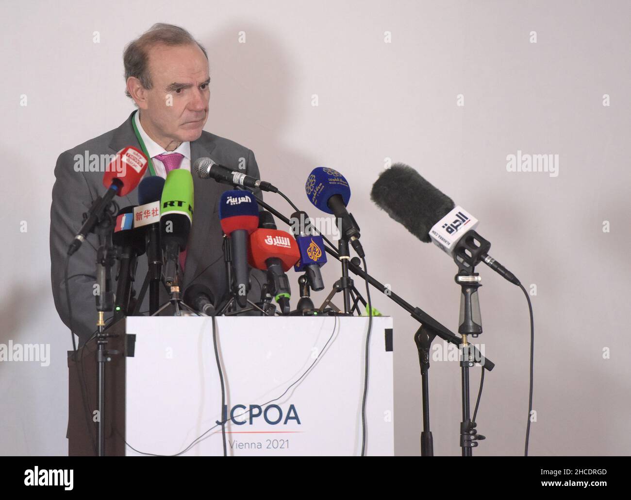 Vienna, Austria. 27th Dec, 2021. Enrique Mora, deputy secretary general of the European External Action Service, speaks to reporters after a meeting of the Joint Comprehensive Plan of Action (JCPOA) Joint Commission in Vienna, Austria, on Dec. 27, 2021. Credit: Guo Chen/Xinhua/Alamy Live News Stock Photo