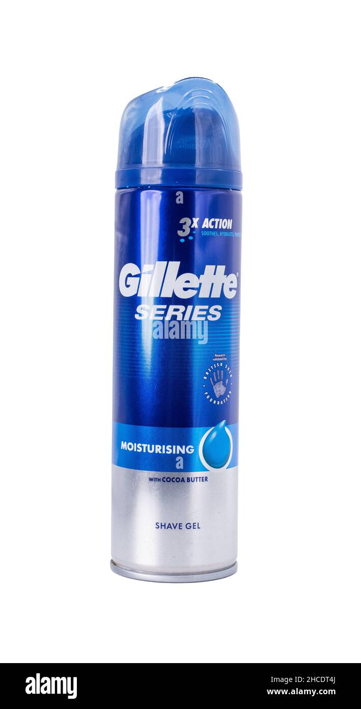 Norwich, Norfolk, UK – December 2021. A can of Gillette Series shaving gel for sensitive skin Stock Photo