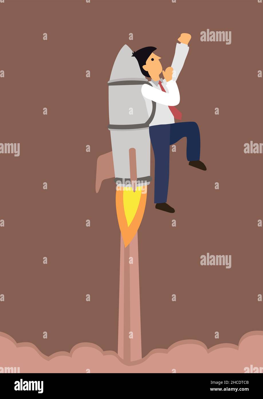 Businessman flying up powered by a rocket engine into the sky ...