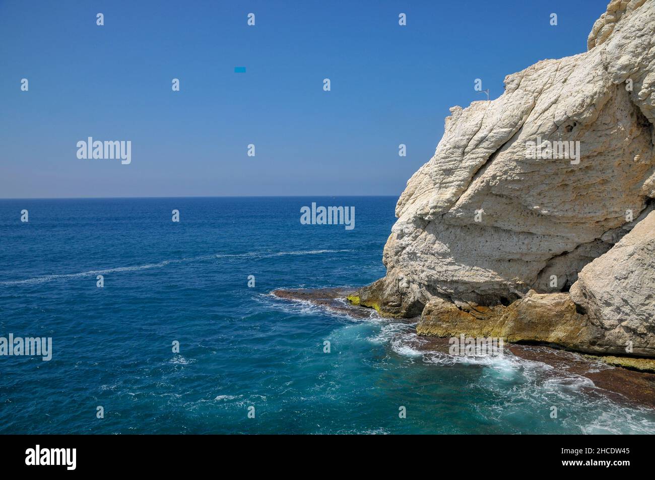 Israel. Rosh Hanikra The white cliff is a chalk cliff on the beach of Upper-Galilee on the border between Israel and Lebanon, chiselled out into labyr Stock Photo