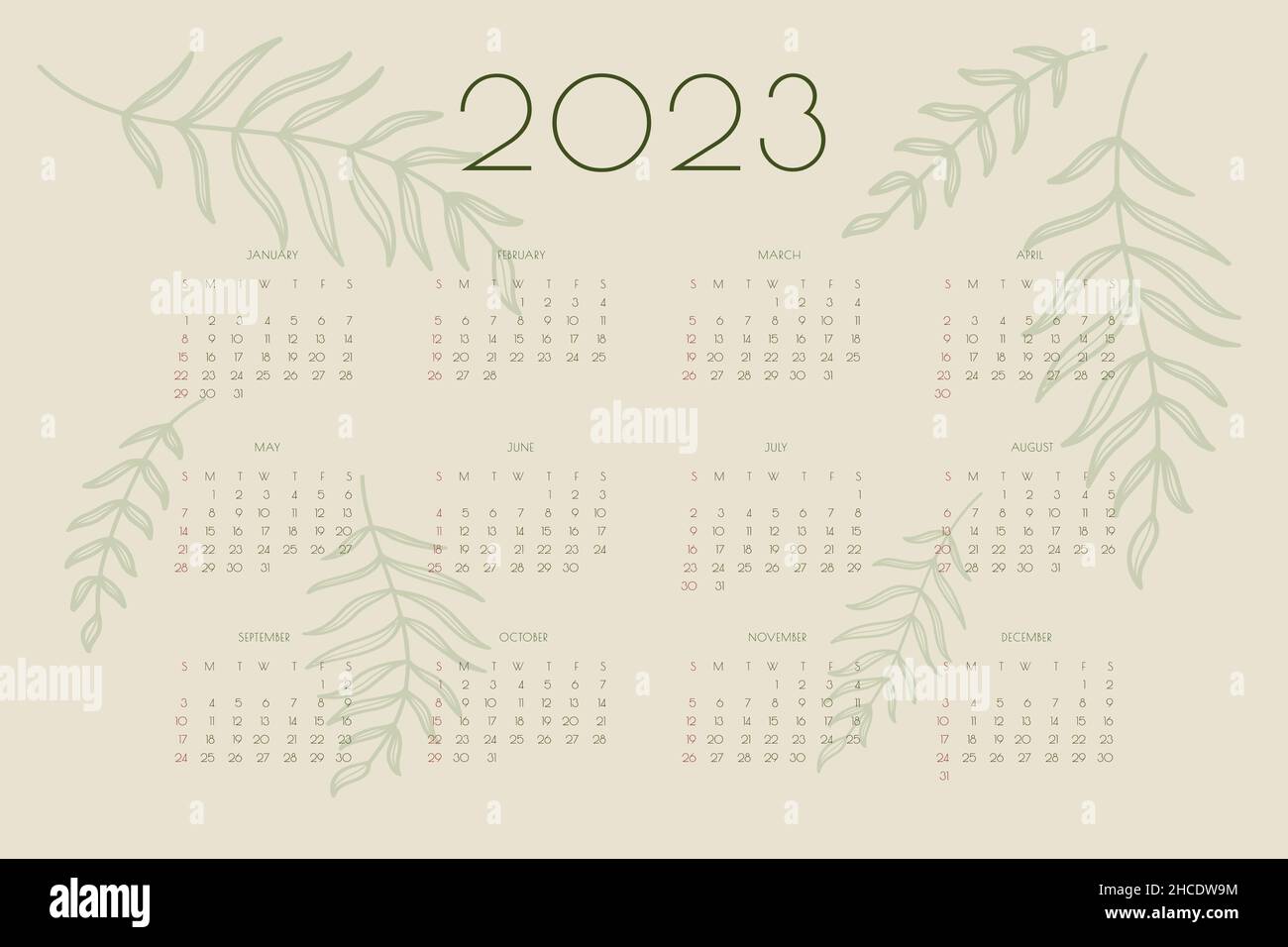 2023 calendar with hand drawn leafs and branchs, planner organizer