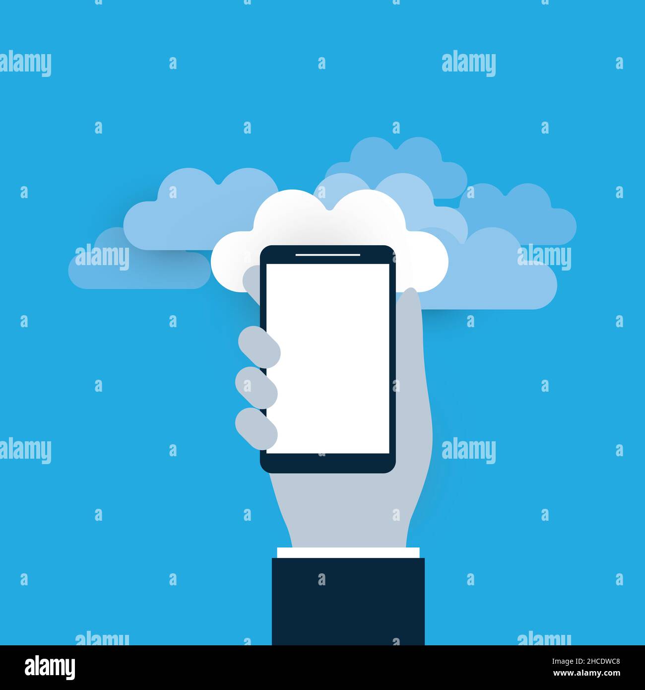 Hand Holding a Smart Phone - Cloud Computing Design Concept, Digital ...