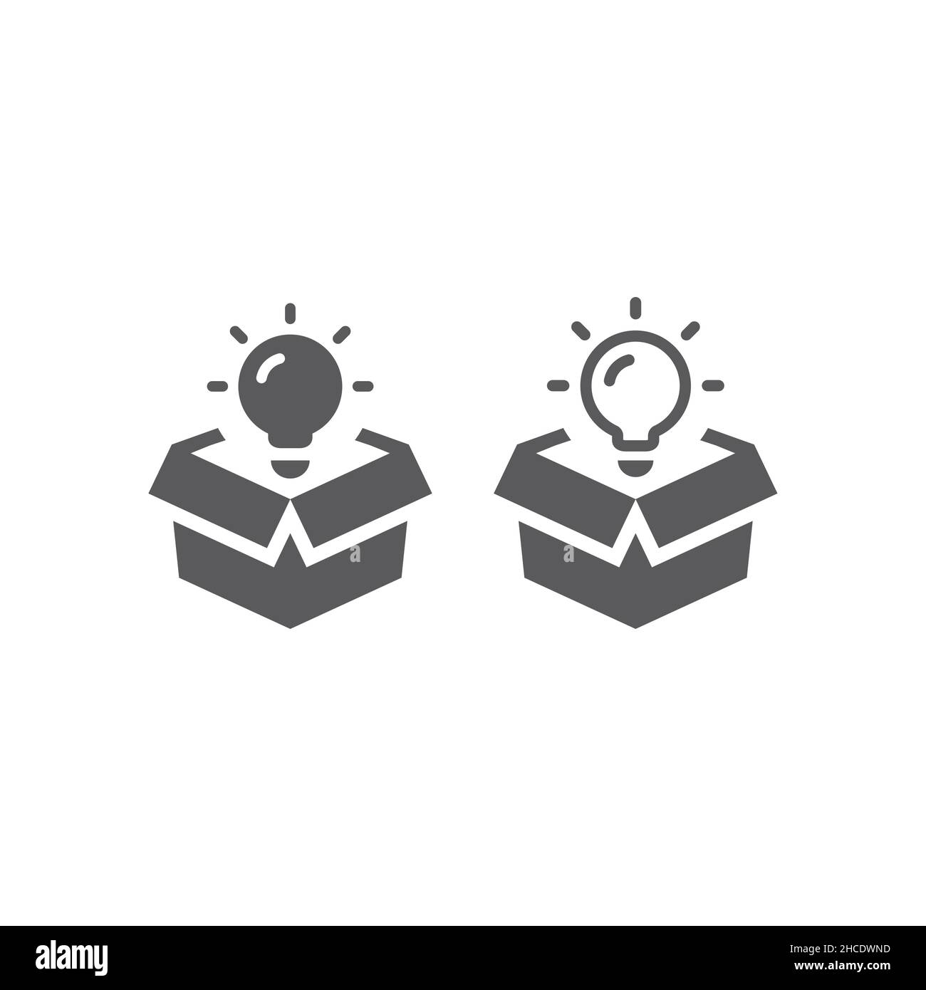 Open box with lightbulb black vector icon. Idea, innovation light bulb filled symbol. Stock Vector