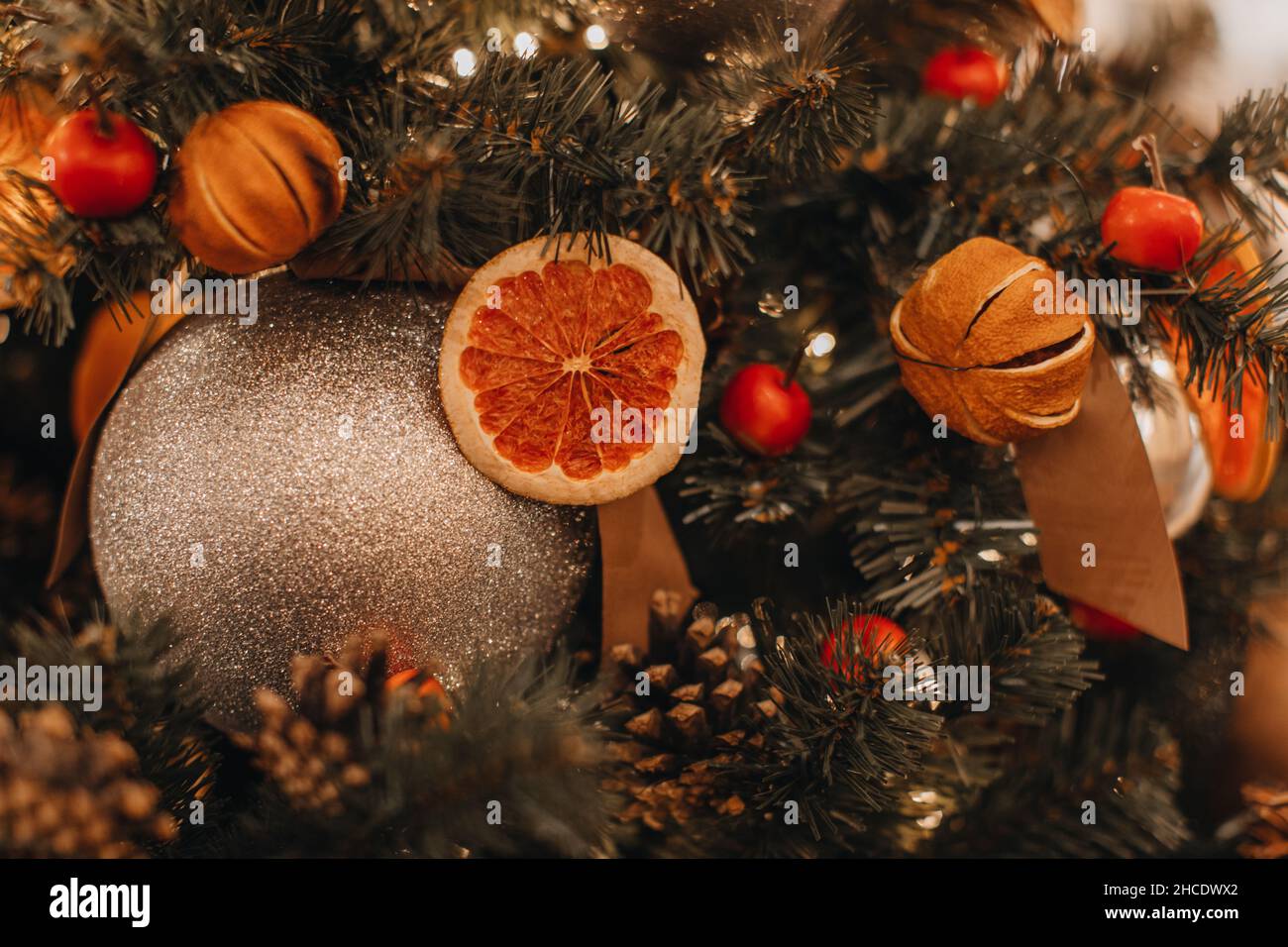 Dried oranges, berries, cones hanging on the Christmas tree. Creative festive details and golden Christmas ball. Winter magic New Year decor Stock Photo